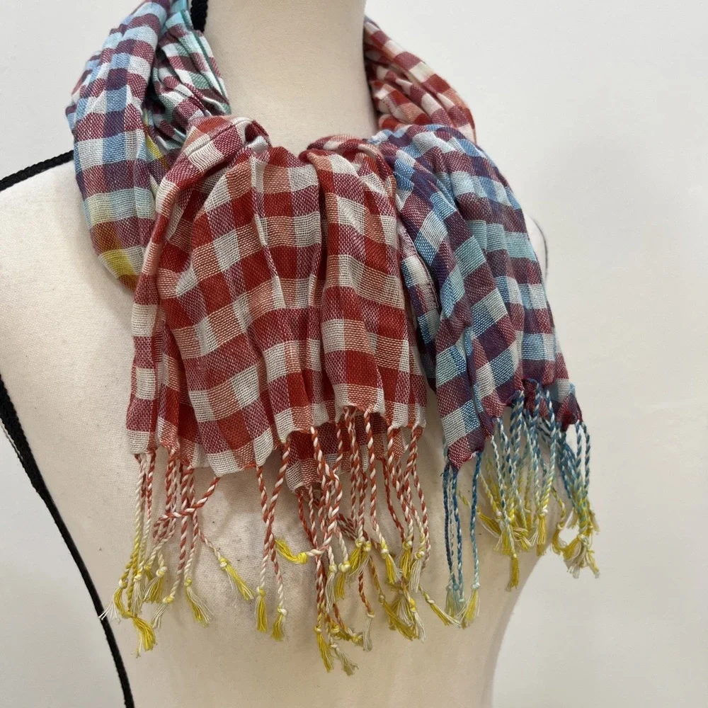 Unbranded Multicolor Gingham Check Crinkle Scarf Tassel Fringe Boho Wrap